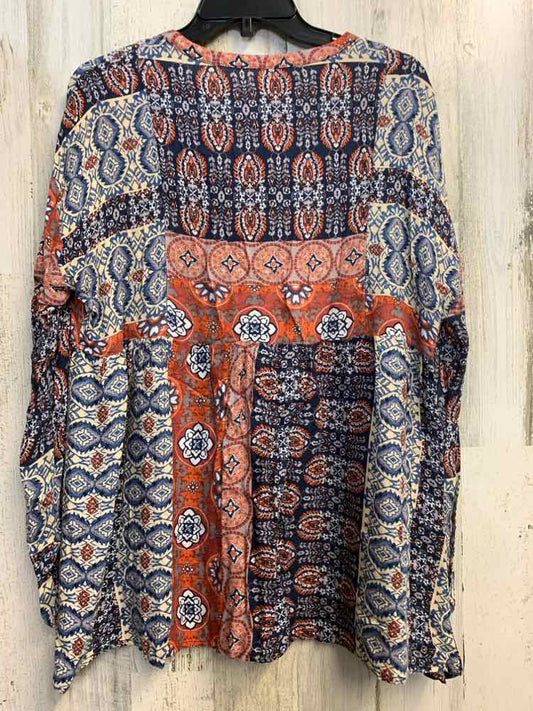 PRE-OWNED MYSTREE Tops Size M RED/BLU/CRM MULTI-PATTERN LONG SLEEVES TOP