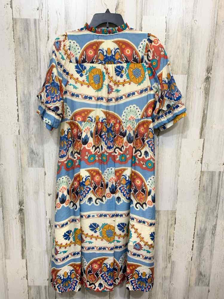 PRE-OWNED UMGEE Size S CRM/BRN/BLU Floral SHORT PUFF SLEEVES/V NECK Dress