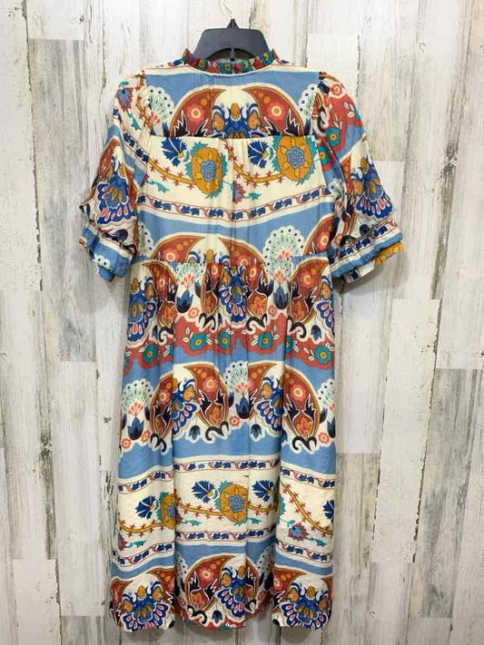 PRE-OWNED UMGEE Size S CRM/BRN/BLU Floral SHORT PUFF SLEEVES/V NECK Dress