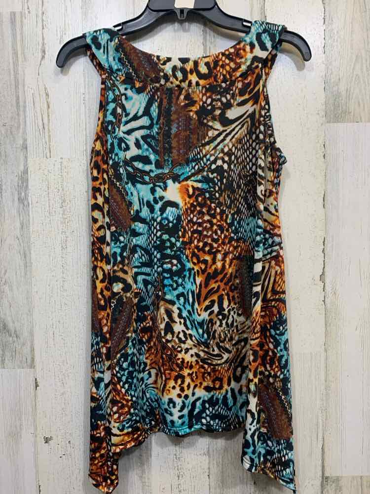 PRE-OWNED SNAP Tops Size L BRN/AQUA MULTI-PATTERN SLEEVELESS TOP