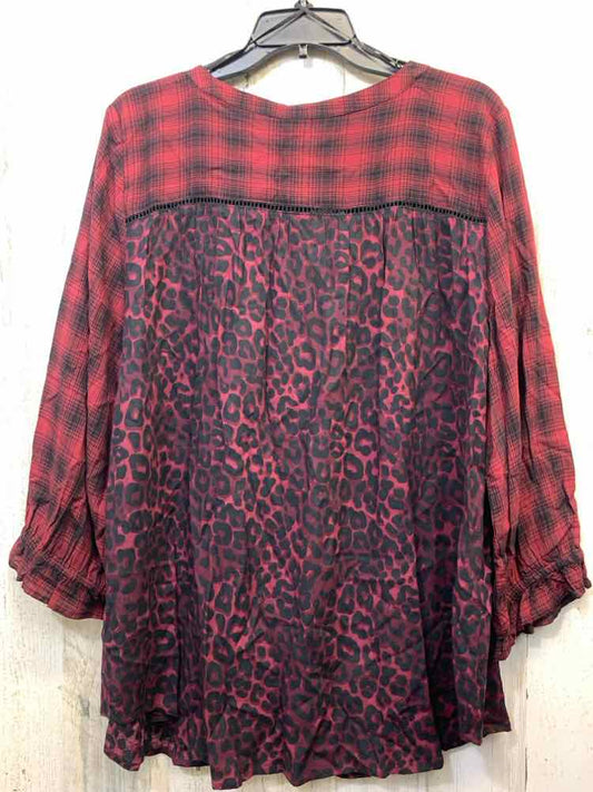 NWT INTRO Tops Size XL WINE/BLACK LEOPARD/PLAID LONG SLEEVES TOP