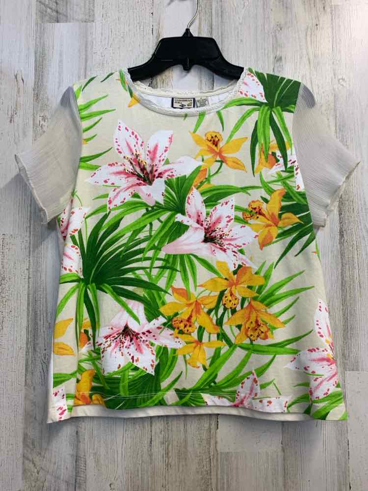 CARIBBEAN JOE Tops Size M CRM/LIME/YEL/PINK TROPICAL FLORAL SHORT SLEEVES TOP