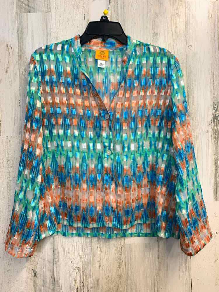 PRE-OWNED RUBY RD Tops Size 10P BLU/GRN/ORNG RECTANGLES/STREAKS LONG SLEEVES TOP