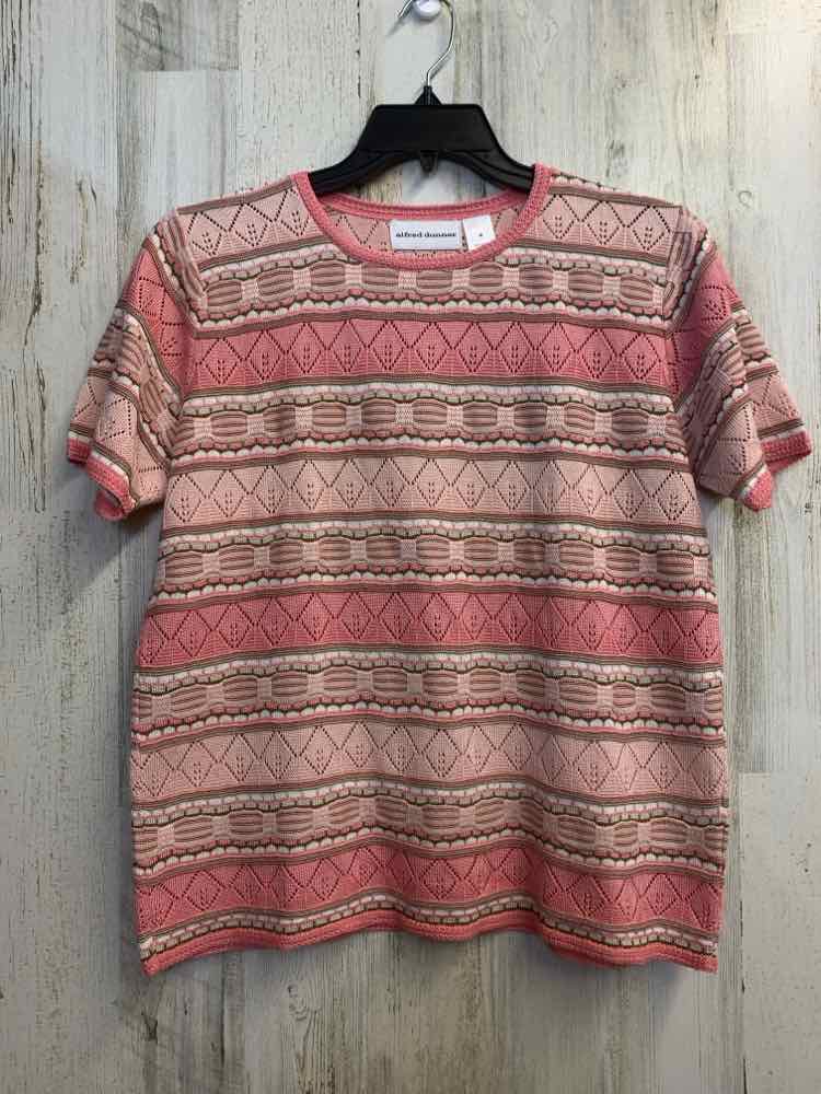 ALFRED DUNNER Tops Size M PINK/TAN Stripe SHORT SLEEVES Sweater