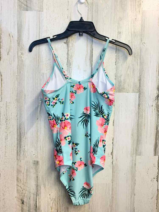 PRE-OWNED Swimwear Size L AQUA Floral SPAGHETTI STRAP Swimsuit