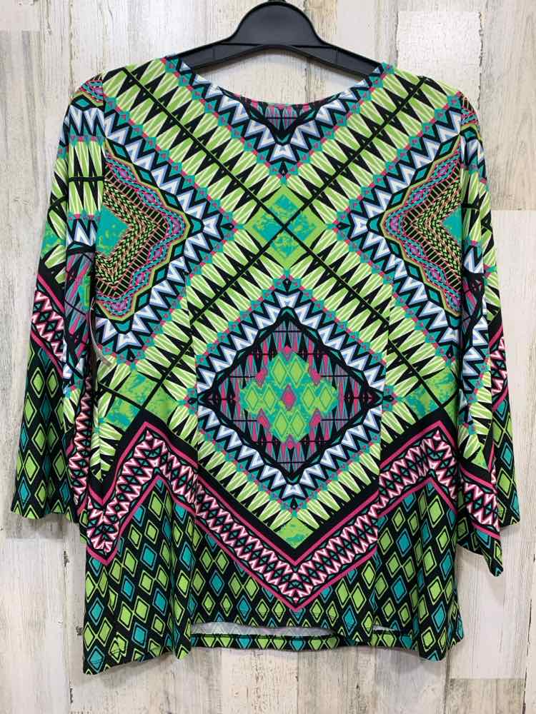 PRE-OWNED SUNNY LEIGH Tops Size XL GREEN/BLUE/BLACK ABSTRACT 3/4 LENGTH Shirt/3/