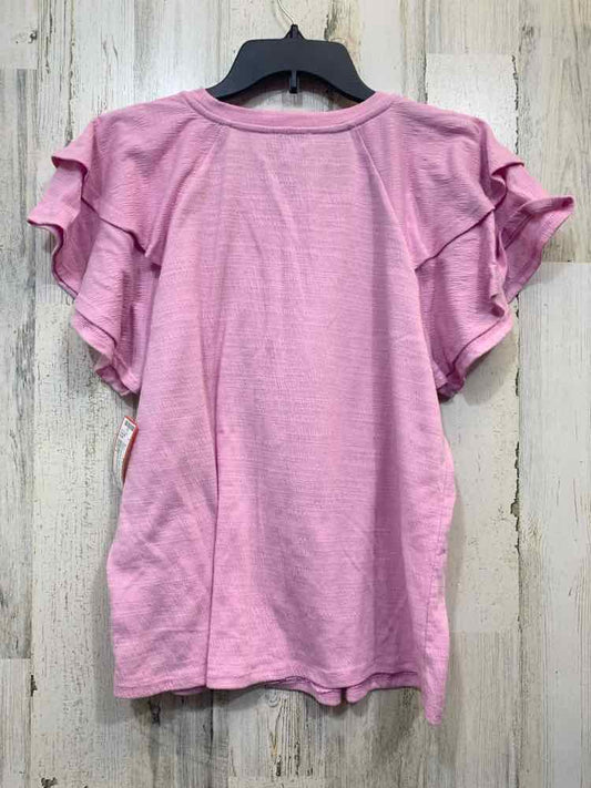 PRE-OWNED WONDERLY Tops Size L BABY PINK Solid RUFFLE Shirt/BABY PINK SHORT SLEE