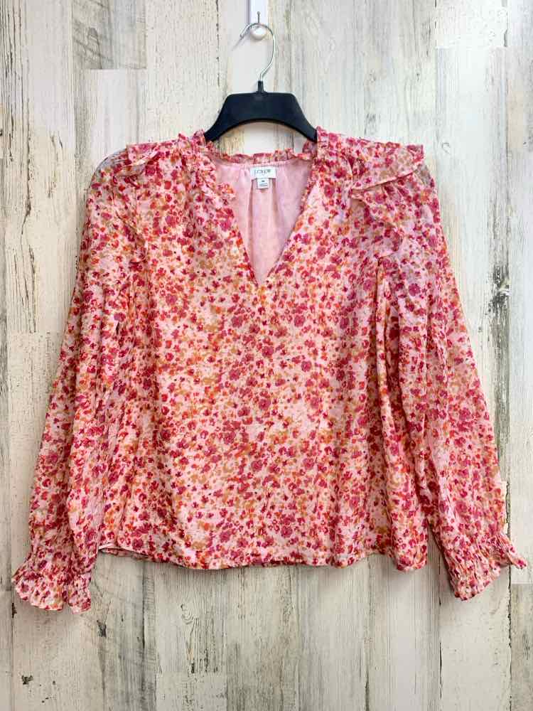 PRE-OWNED J CREW Tops Size M PINK/MGNT/ Floral LONG SLEEVES TOP/V-NECK