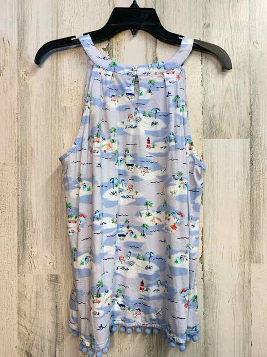 CROWN & IVY Tops Size L LT BLUE/WHT/MULTI-COLOR TROPICAL ISLE SLEEVELESS TOP