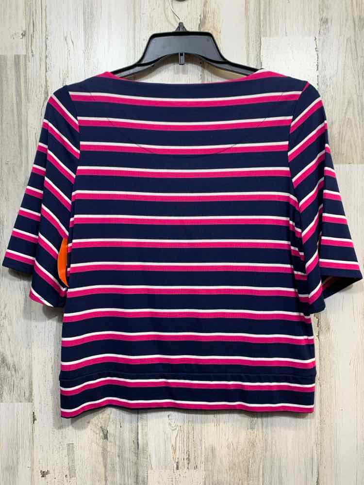 PRE-OWNED CHICO'S Size 1 Tops NVY/WHT/PNK Stripe SHORT SLEEVES SCOOP NECKLINE