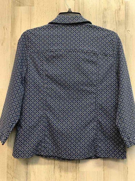 CHICOS Tops Size 1 BLU/WHITE Geometric JACKET Jacket