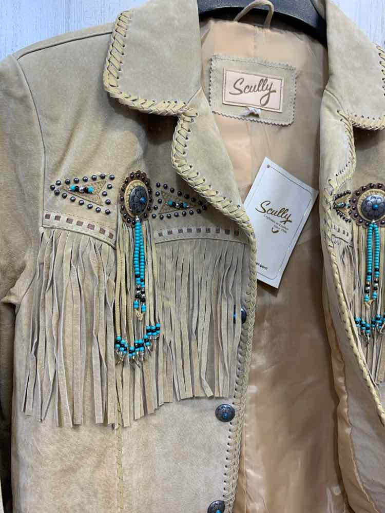NWT SCULLY JACKETS / COATS Size L Beige LEATHER Jacket FRINGE & BEADED BOAR SUED