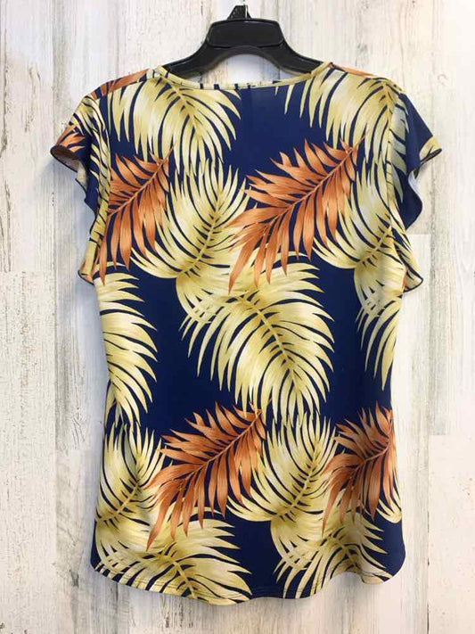 ASHLEY BLUE Tops Size PL BLU/YEL/RUST TROPICAL LEAVES FLUTTER TOP