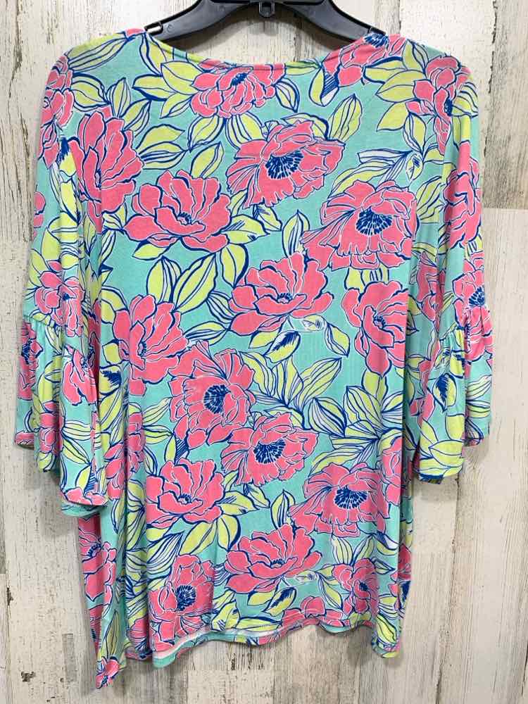 PRE-OWNED RUBY ROX Tops Size PL AQUA/PNK/YLW Floral 3/4 SLEEVE Blouse
