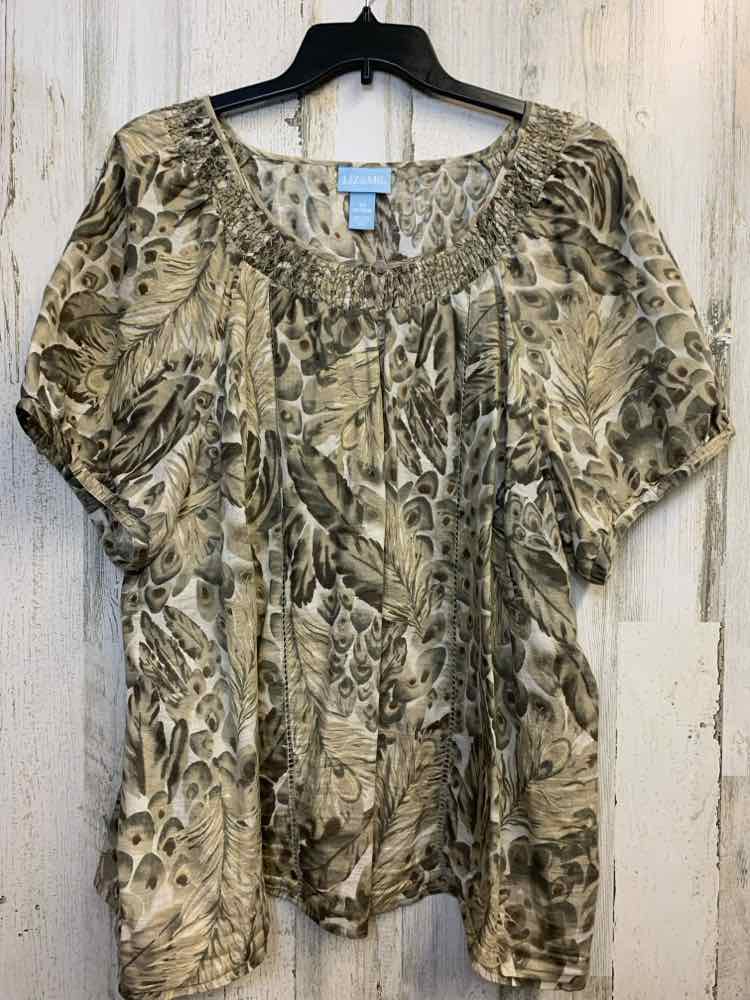 liz & me PLUS SIZES Size 2X TAN/WHT LEAVES SHORT SLEEVES TOP