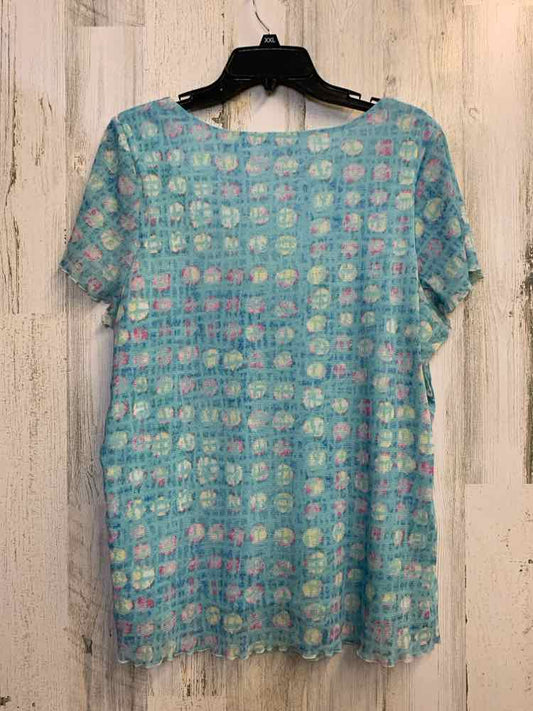 PRE-OWNED JH COLLECTABLES PLUS SIZES Size 2X AQUA CIRCLES TOP TOP/U COLLARD SHIR