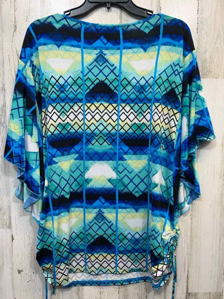 PRE-OWNED STYLE & CO Tops Size XL BLUE/BLACK/AQUA/YELLOW ABSTRACT RUFFLE Shirt/R