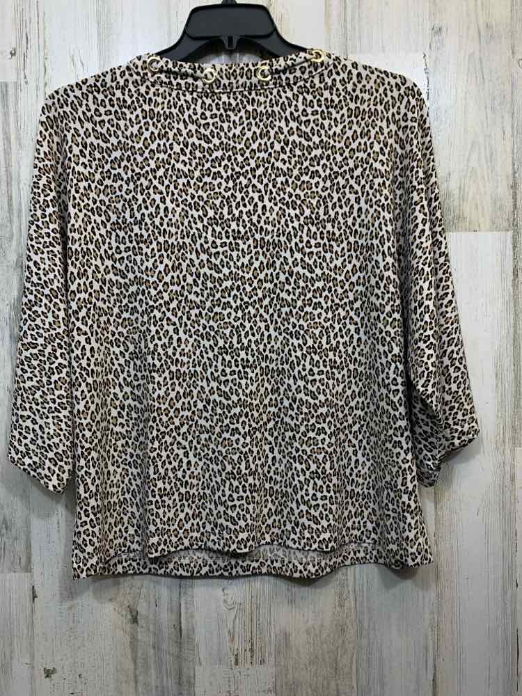PRE-OWNED CHICOS Tops Size 2 WHITE/BROWN/TAN CHEETAH 3/4 SLEEVE TOP/WHITE/BROWN/