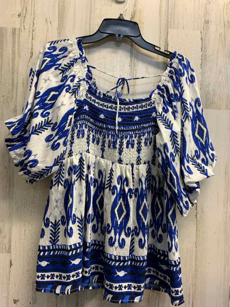 NWT UMGEE Tops Size L BLUE/BLACK/WHITE/GREEN ABSTRACT PUFF SLEEVES Blouse/RUCHED