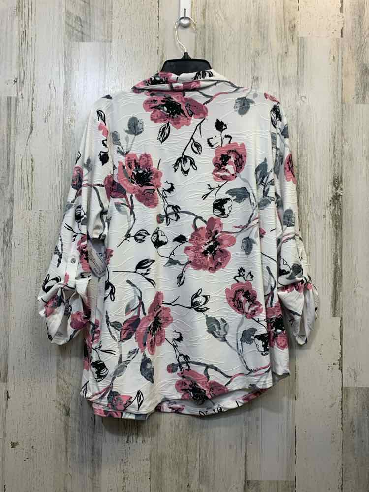 PRE-OWNED EMILY DANIELS Tops Size XL WHITE/BLACK/MUAVE Floral LONG SLEEVES TOP/F