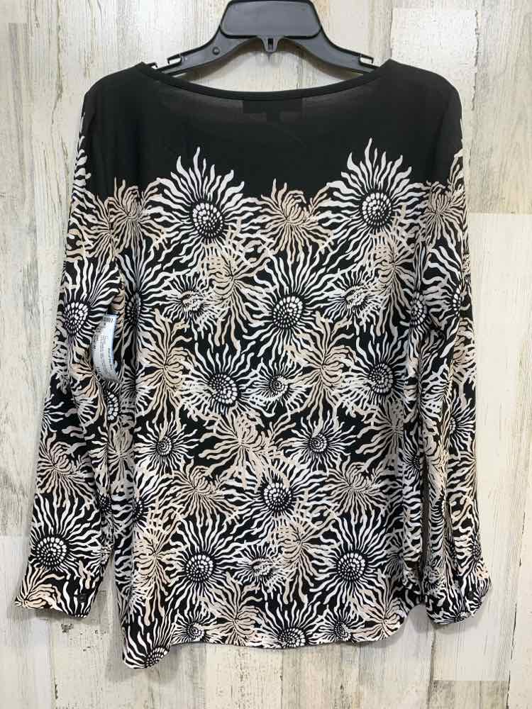 PRE-OWNED LOFT Size M Tops WHT/BLK/BGE SCOOP NECK Floral LONG SLEEVE BLOUSE