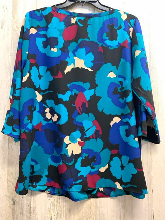 PRE-OWNED DANA BUCHMAN Tops Size L AQUA/BLUE/WINE/BLACK/CREAM Floral TOP/LONG SL