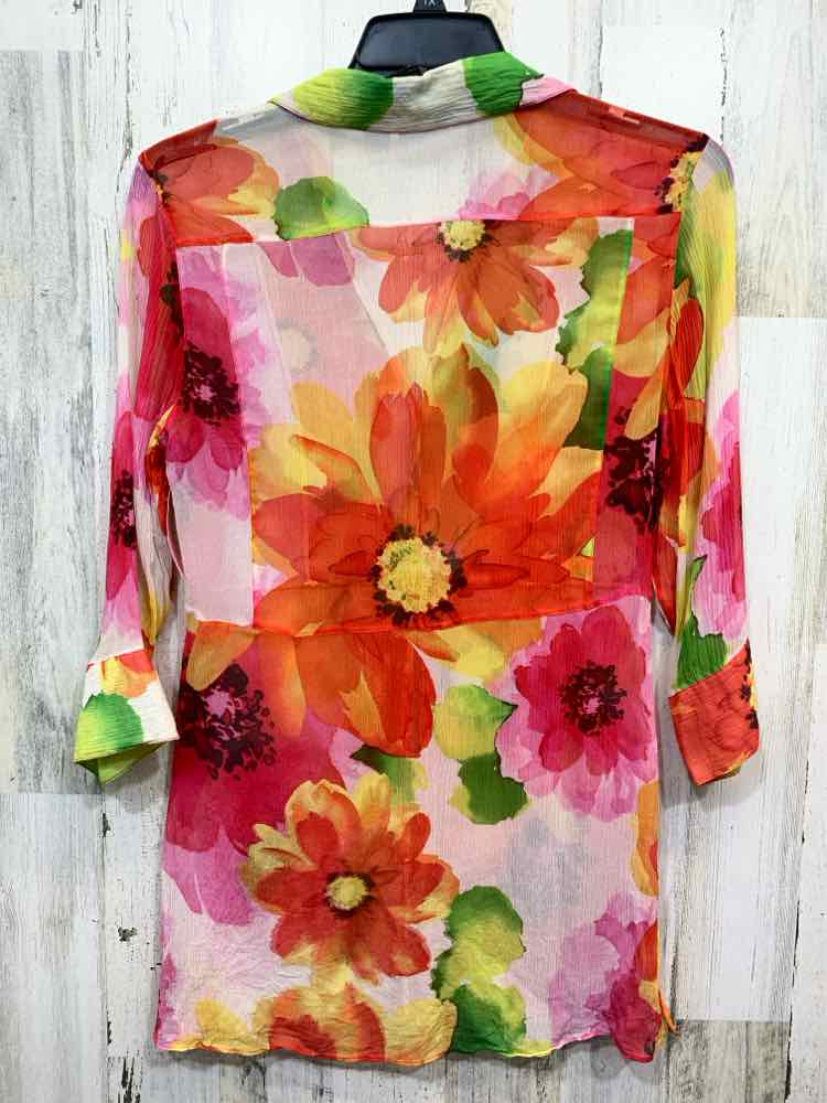 PRE-OWNED CHICO'S Tops Size 1 RED/PINK/YLLOW/GRN/ORNGE Floral BUTTON UP Blouse/F
