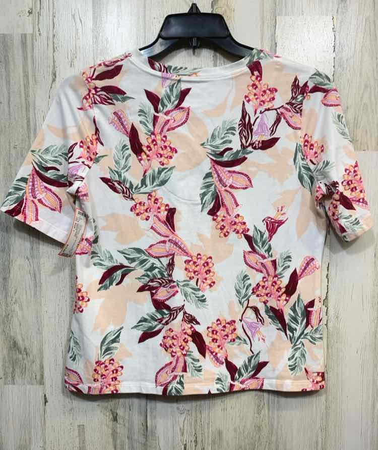 PRE-OWNED CHICO'S Size 1 Tops WHT/BURG Floral SHORT SLEEVES Blouse