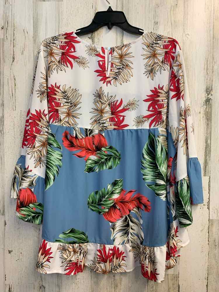 SUZANNE BETRO PLUS SIZES Size 4X WHT/SLATE BLU/TAN/GRN/RED TROPICAL LEAVES TOP