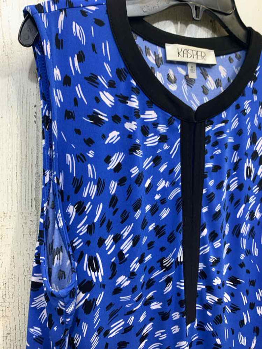 PRE-OWNED KASPER Tops Size PL BLUE/WHITE/BLACK DASHES SLEEVELESS Blouse/BLUE/WHI