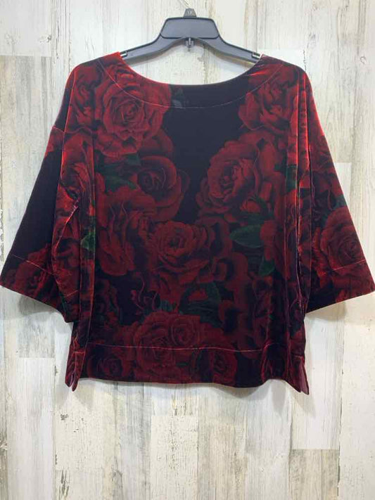 PRE-OWNED SOFT SURROUNDING Tops Size L RED/WINE Velour ROSES BOAT NECKLINE TOP/R