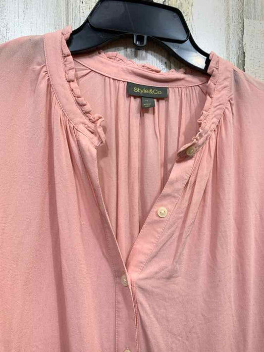 NWT STYLE & CO Tops Size 1X ROSE Solid LONG SLEEVE Blouse/RUFFLE DETAIL ON NECK
