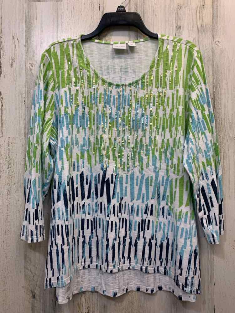PRE-OWNED WEEKEND Tops Size 3 GREEN/BLUE/WHITE RECTANGLES LONG SLEEVES TOP/GREEN