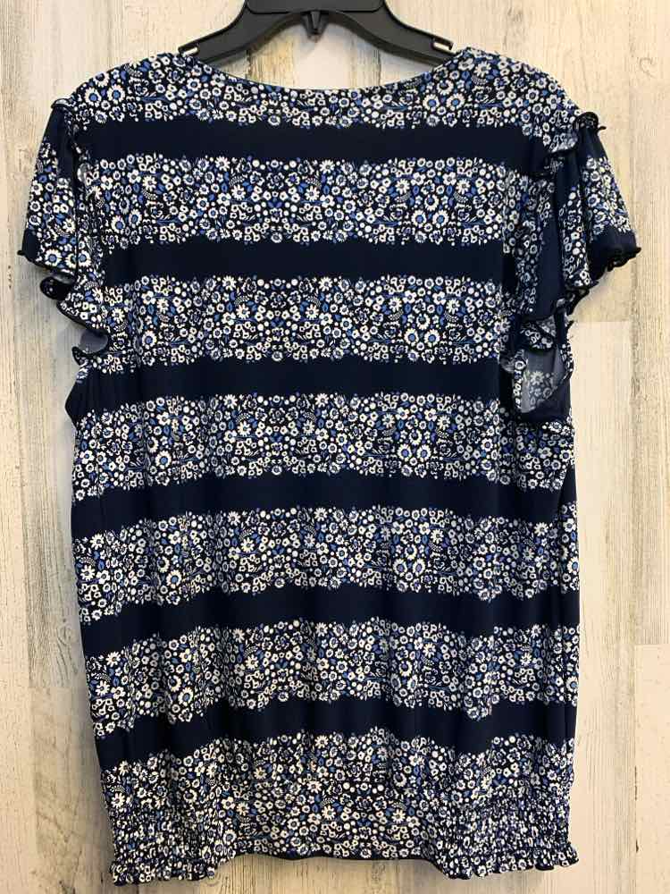 NWT TOMMY HILFIGER Tops Size L Navy PATTERNED STRIPE RUFFLE SLEEVE TOP