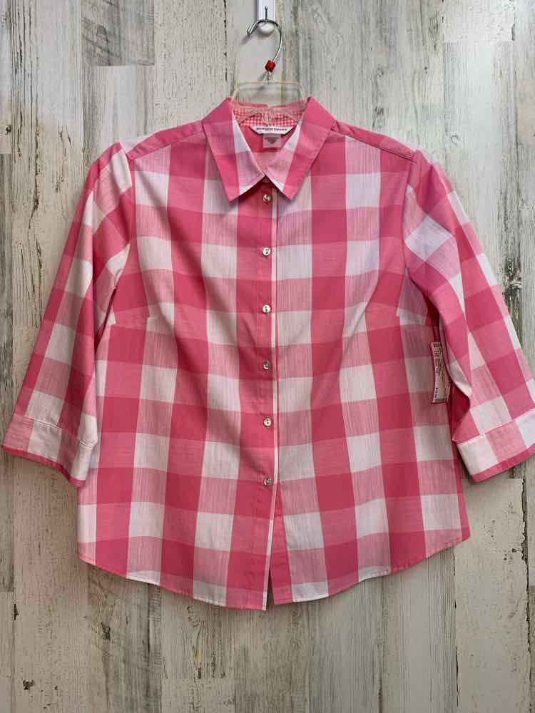 PRE-OWNED ALLISON DAILEY Tops Size 12P PNK/WHT GINGHAM LONG BACK TOP