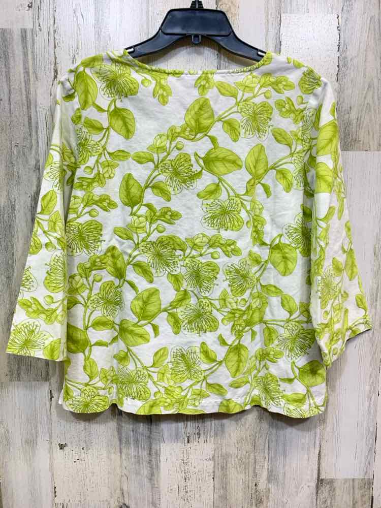 PRE-OWNED HOT COTTON Tops Size L WHITE/YELLOW GREEN FLORAL & VINES Blouse/WHITE/
