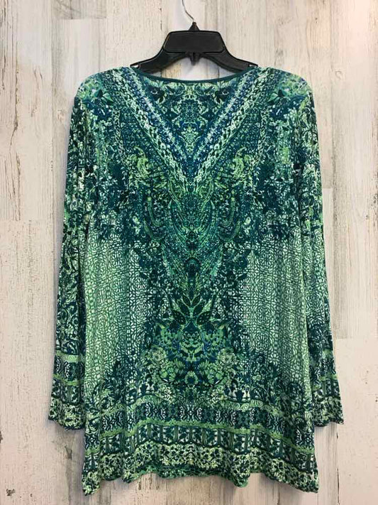 BELLE KIM GRAVEL Tops Size M GRN/LT GRN FLORAL/PAISLEY LONG SLEEVES TOP