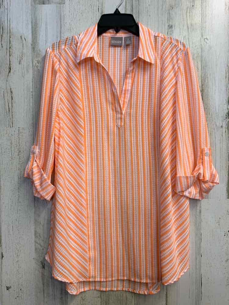 CHICOS Tops Size 2 org/wht Stripe 3/4 LENGTH Shirt