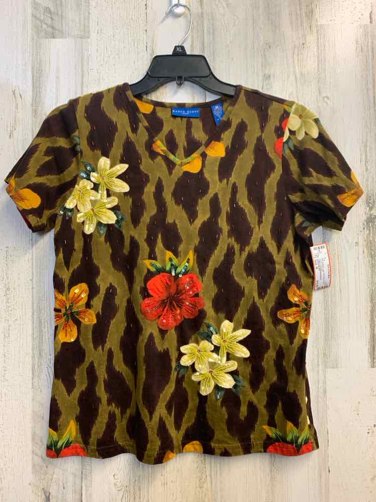 PRE-OWNED KAREN SCOTT Tops Size M BRN/GRN Floral SHORT SLEEVES TOP
