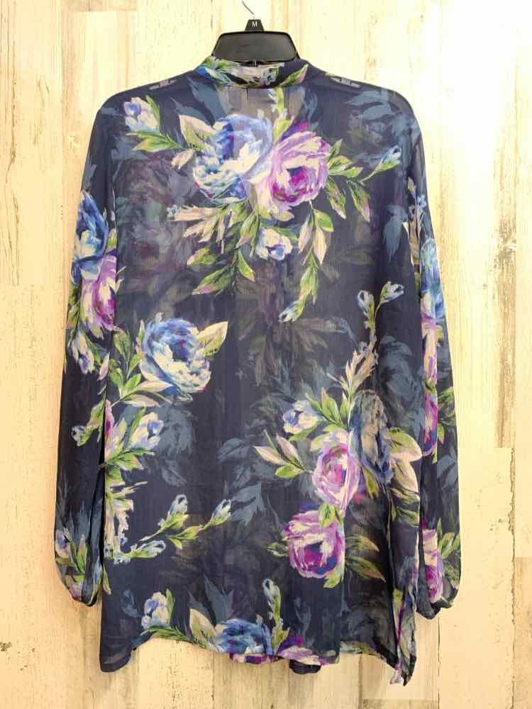 SUSAN GRAVER Tops Size L NAVY/BLU/PUR SHEER ROSES LONG SLEEVES TOP