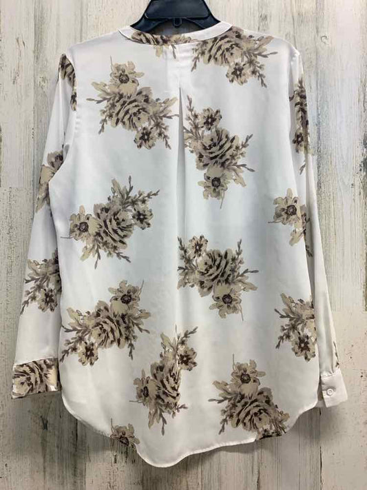 PRE-OWNED SIMPLY STYLED Tops Size L WHITE/BEIGE FLOWERS LONG SLEEVES TOP/LONG SL