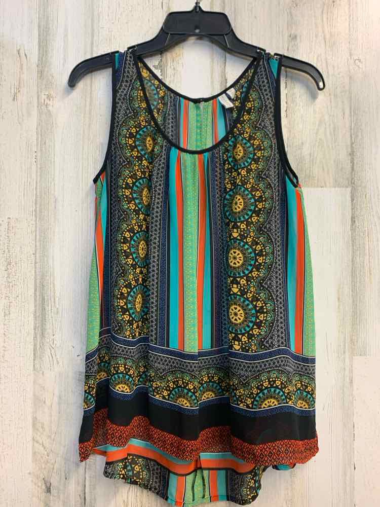 MADISON Tops Size M BLU/BLK/ORG/AQUA SHEER STRIPE/MEDALION SLEEVELESS TOP