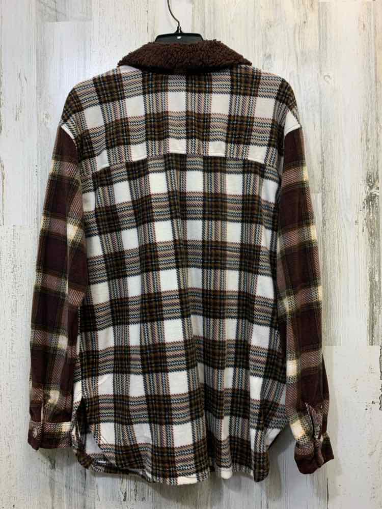 NWT JUST POLLY Tops Size M BRN/WHT Plaid LONG SLEEVES Shirt