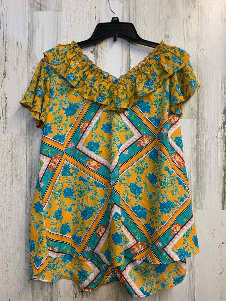 CATO Tops Size 14/16 YEL/AQUA FLORAL /DIAMOND FLUTTER TOP