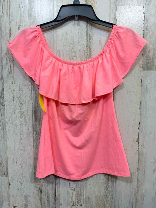 PRE-OWNED LILLY PULITZER XXS HOT CORAL SLEEVELESS/RUFFLE OFF THE SHOULDER Blouse