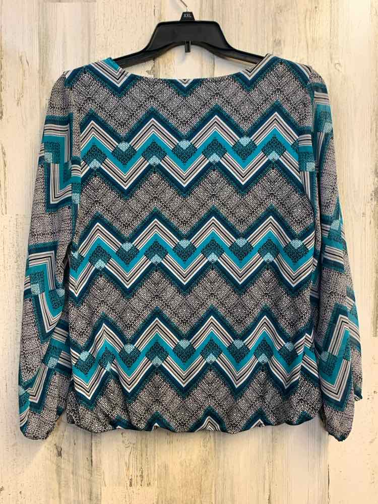 PRE-OWNED ALFANI Tops Size L BLK/WHT/TEAL ZIGZAG, DIAMONDS LONG SLEEVES TOP