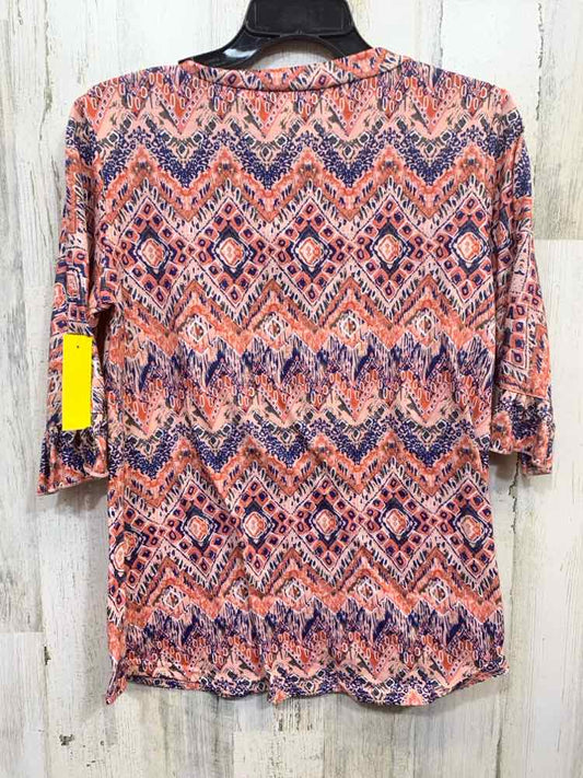 PRE-OWNED LOMON Tops Size M CORAL/BLUE Polyester Blend Geometric Blouse