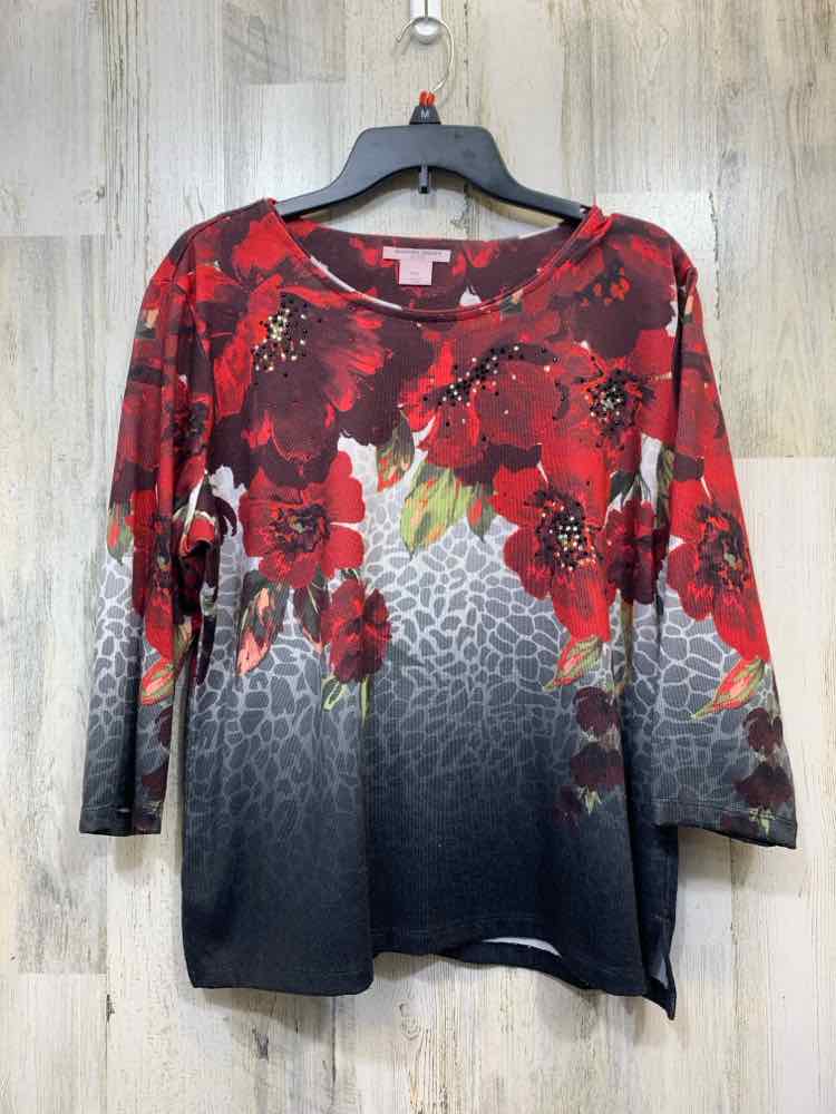 ALLISON DAILEY Tops Size PXL RED/GRAY FLOWERS 3/4 LENGTH TOP