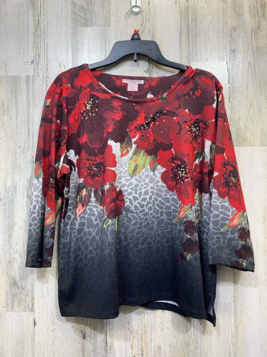 ALLISON DAILEY Tops Size PXL RED/GRAY FLOWERS 3/4 LENGTH TOP
