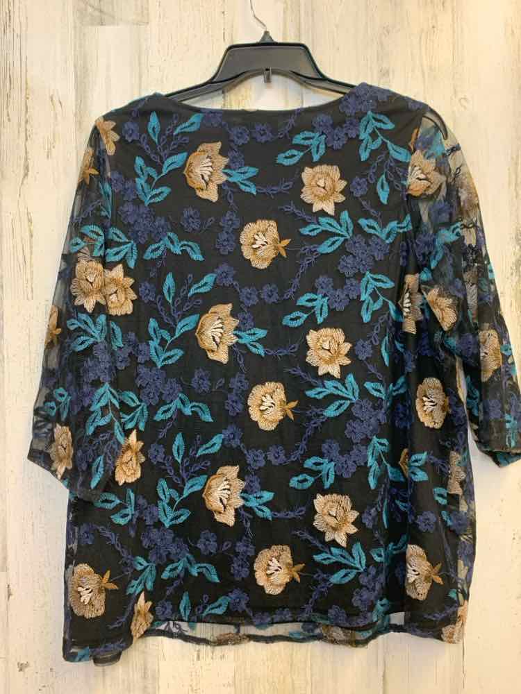CATHERINES PLUS SIZES Size 1X BLK/TAN/NAVY/TEAL Floral 3/4 LENGTH TOP
